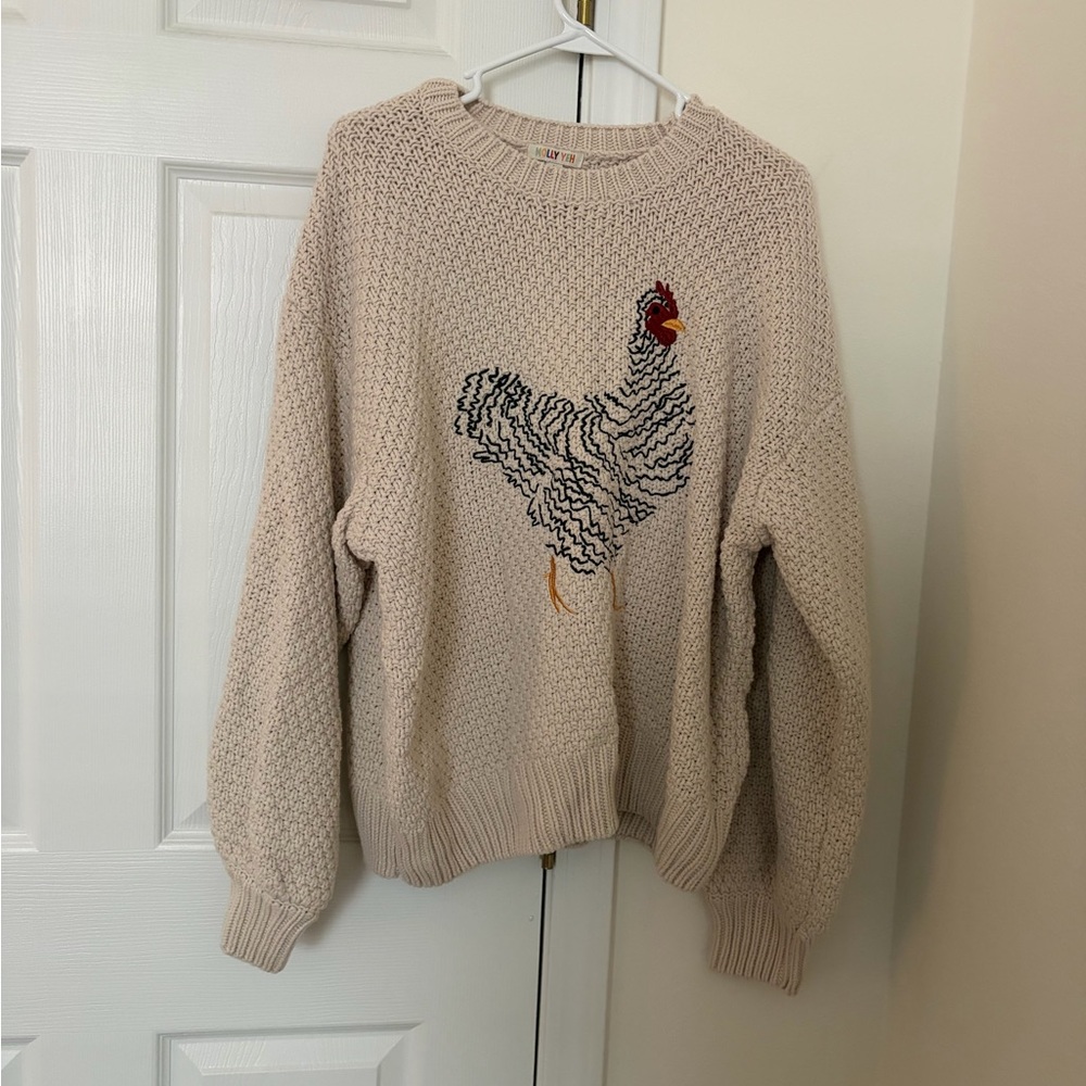 Cream Crewneck Sweater with Embroidered Rooster - Unbranded